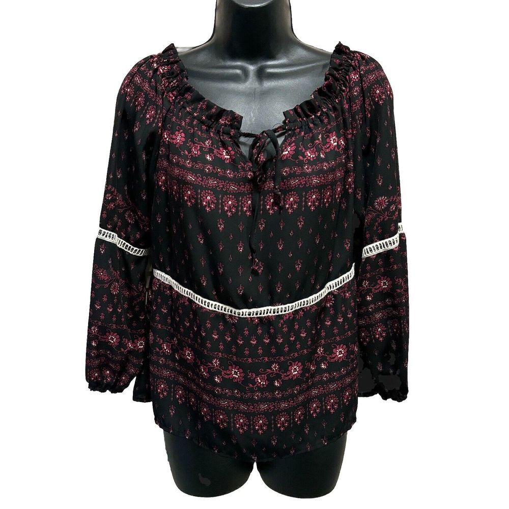 Rue 21 Black/Plum Paisley/Floral‎ 3/4 Sleeve Blouse Size Small Boat/tie/ruffle